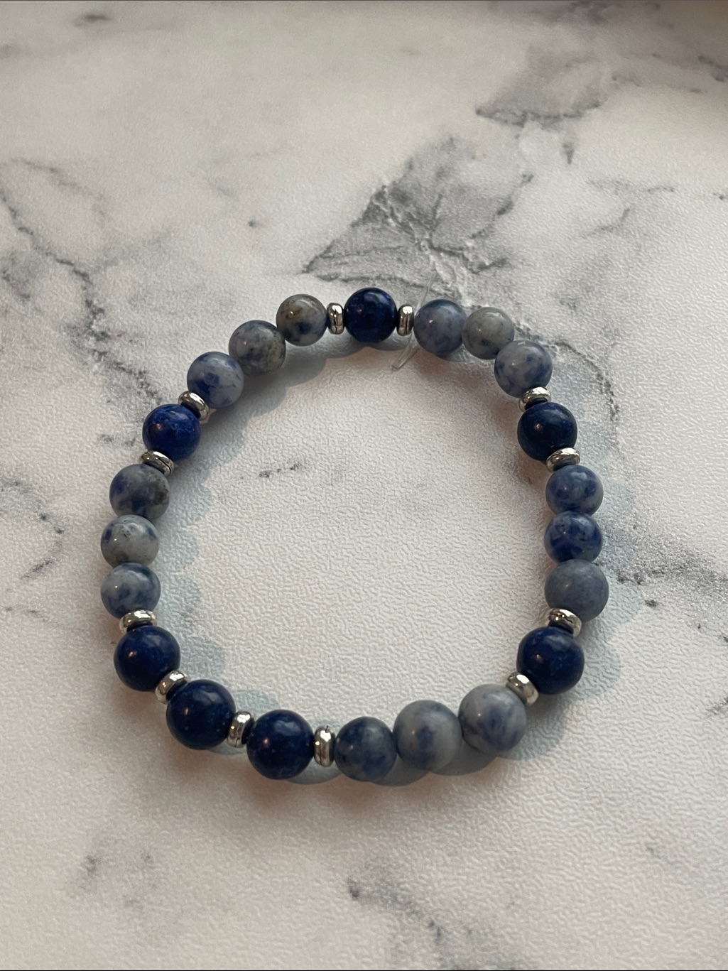 Natural Stone, Hand Beaded Elastic Bracelet. 6.5 Inches.